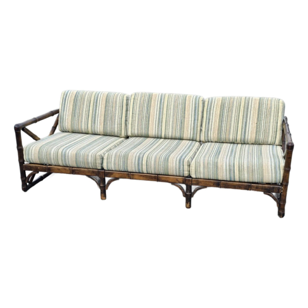 Vintage Bamboo Sofa, Mid-Century Modern Lounge Seating, Striped Cushion Sofa, Brown Bamboo Frame, Three Seater Sofa, Living Room Furniture