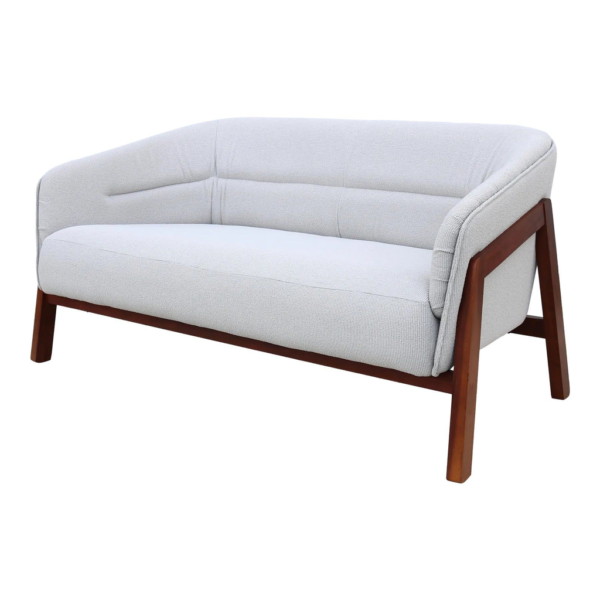 Mid-century modern loveseat, light gray fabric sofa, wood frame loveseat, small space sofa, modern home furniture.