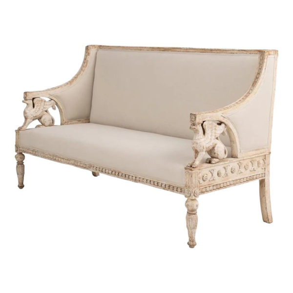 White wooden sofa, griffin accent furniture, traditional style settee, luxury living room sofa