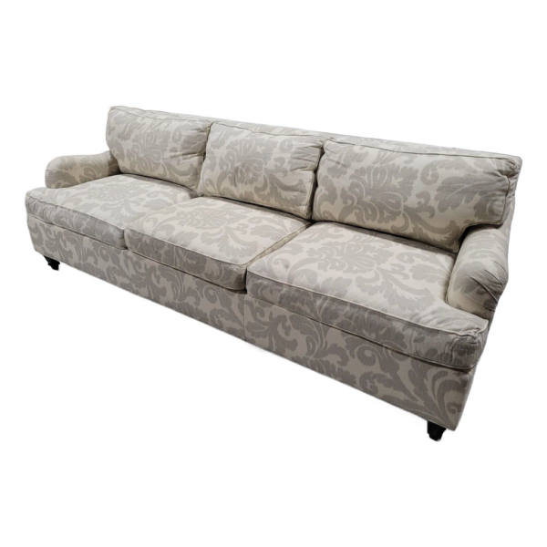 Beige Floral Linen Sofa, Three Seater Couch, Rolled Arm Sofa