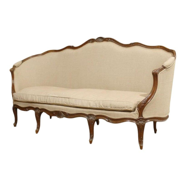 Louis XV sofa, beige upholstered settee, wood frame sofa, antique style couch