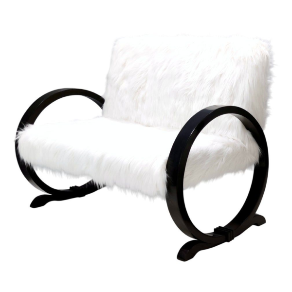 Luxury faux fur armchair, modern white armchair, black accent chair, comfortable living room furniture, stylish home decor.