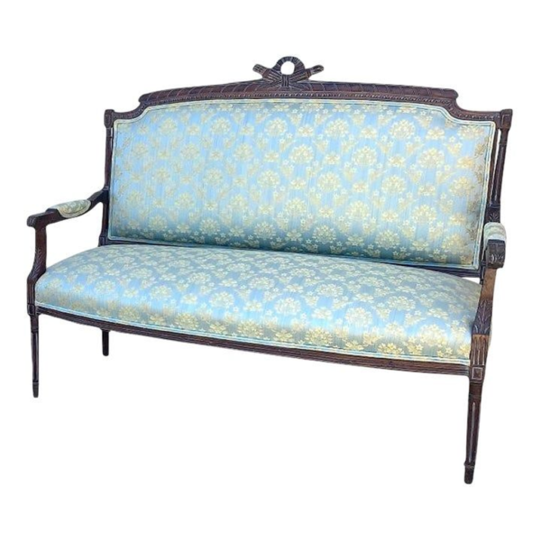 Vintage floral settee, Blue loveseat sofa, Antique wooden frame loveseat, Fabric upholstered settee, Quality manufactured sofa