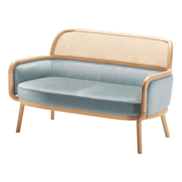 Mid-Century Modern Loveseat, Light Blue Rattan Loveseat, Upholstered Loveseat, Wooden Frame Loveseat, Small Sofa Furniture