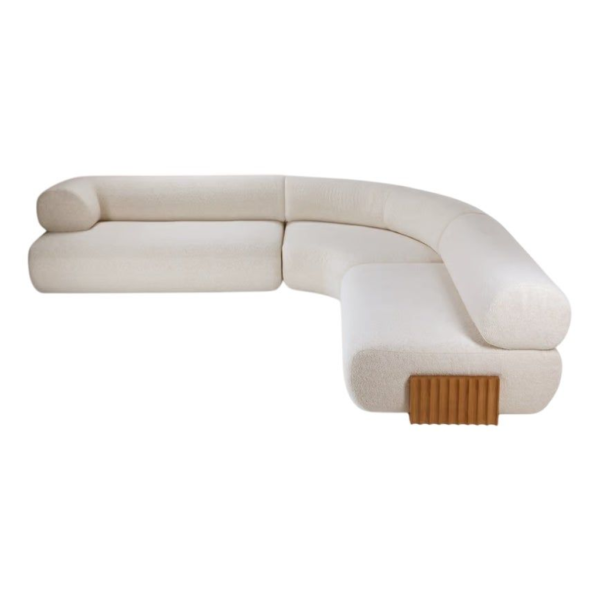 Cream bouclé sectional sofa, modern wood accent couch, modular living room furniture, luxury sofa design, upholstered sectional sofa.