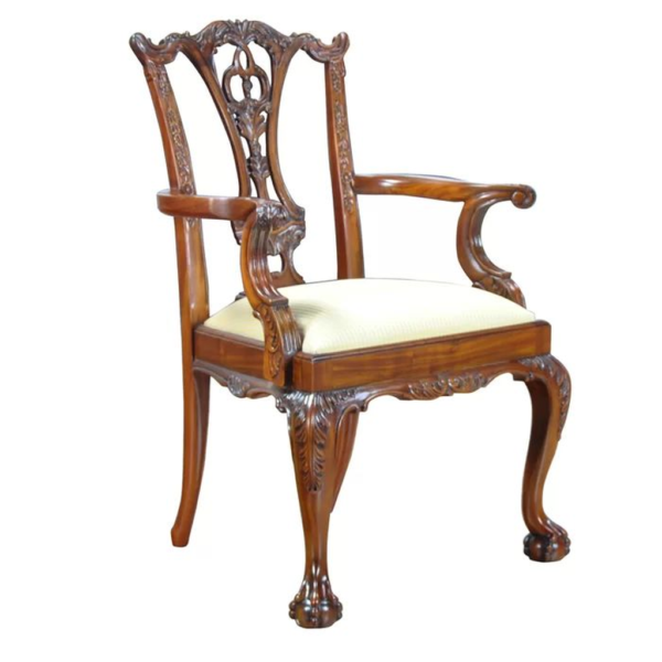 Classic Carved Wood Armchair with Beige Cushion