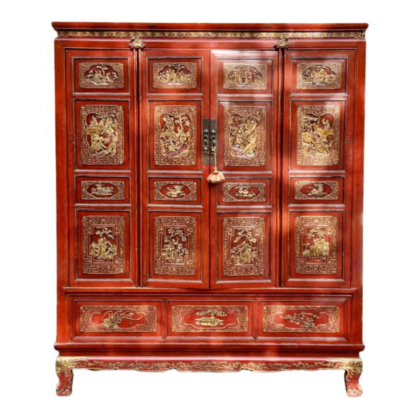 Red Wooden Wardrobe with Gold Carvings