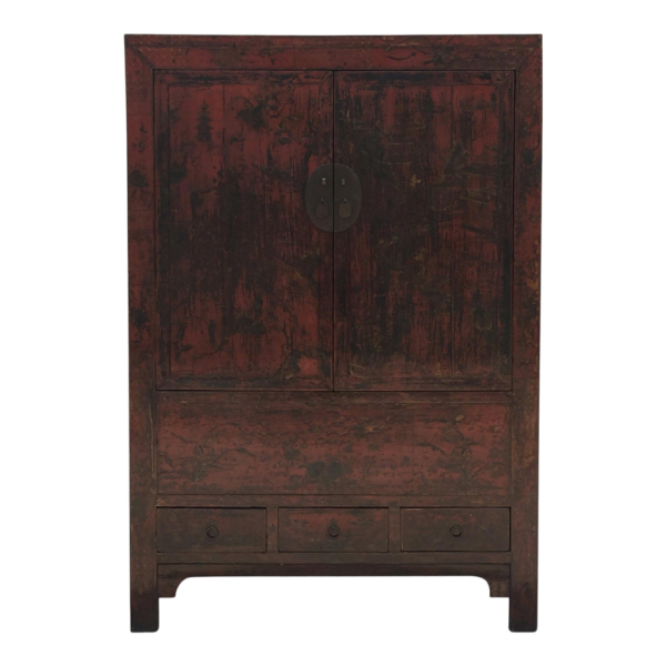 Rustic Red Wooden Armoire with Distressed Finish and Ample Storage