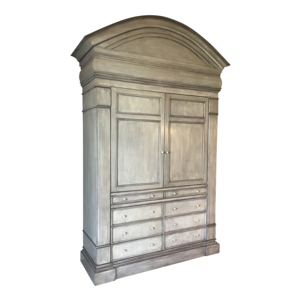 Gray wood armoire with classic design and ample storage space