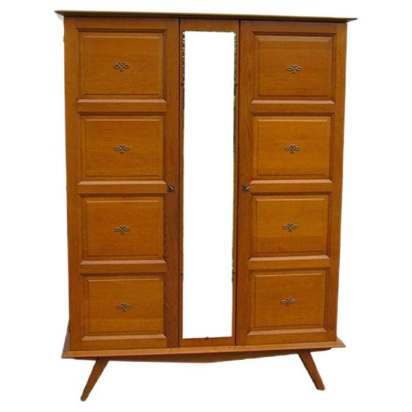 Brown wood armoire with mirror door, mid-century modern design