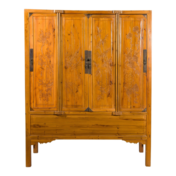 Classic brown wood armoire with floral carvings, Daabadi Furniture exporter