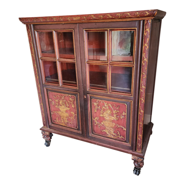 Classic burgundy and gold wardrobe with wood carvings by Daabadi Furniture supplier