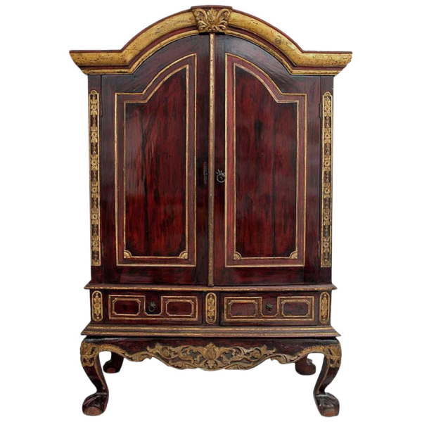 Classic burgundy and gold wooden armoire with carved details
