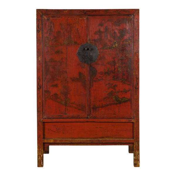 Red wooden armoire with intricate detailing