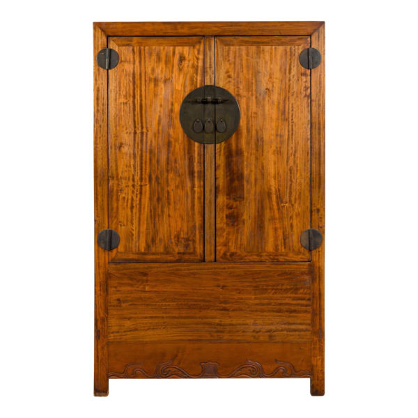 Timeless brown wood armoire with metal accents