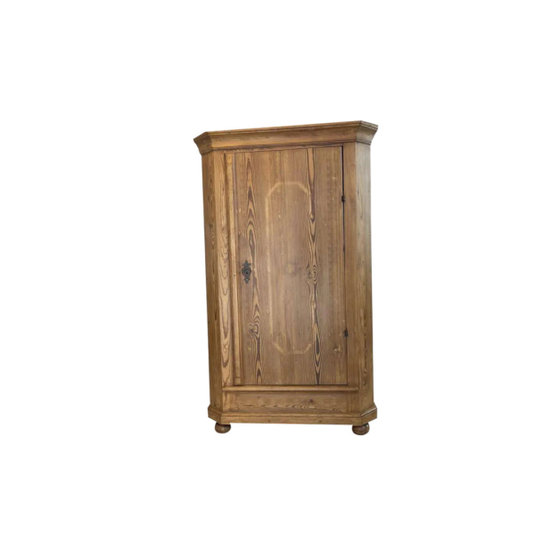 Classic brown wood armoire with single door and bottom drawer