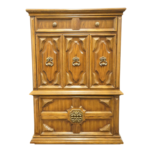 Classic brown wooden armoire with ornate carvings