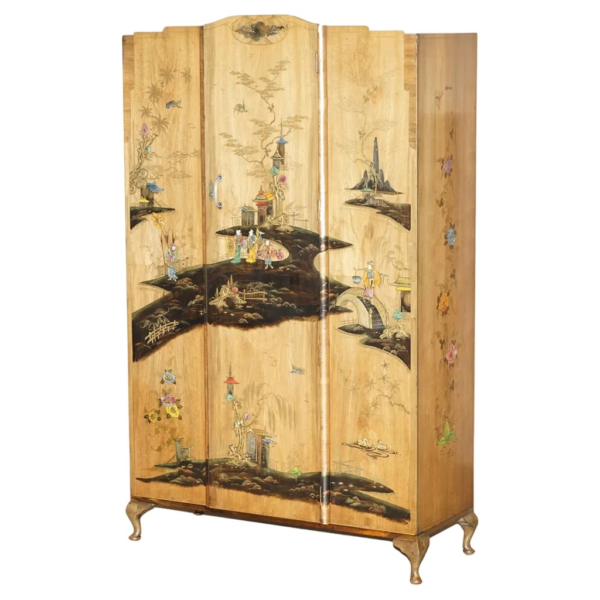 Beige wood armoire with Asian art