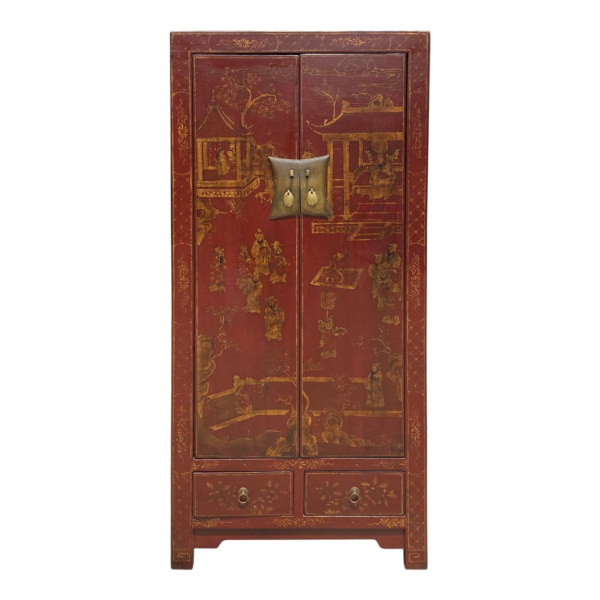Red and gold painted wood armoire
