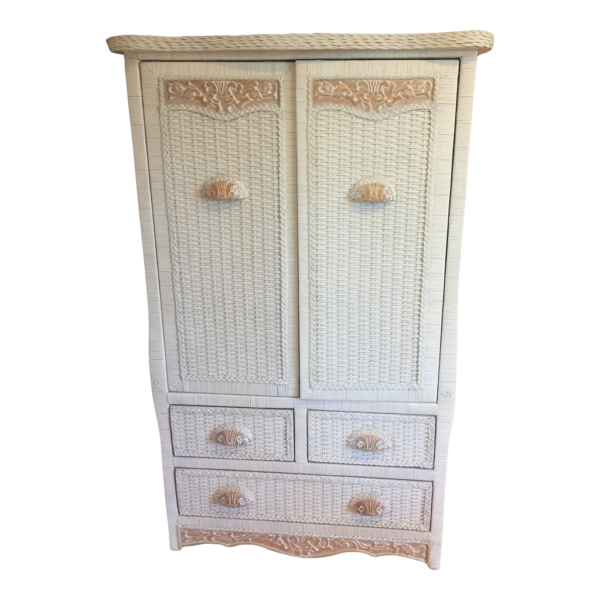 White Wicker Armoire with Peach Accents