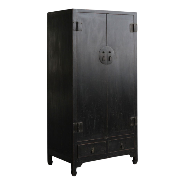 Black wooden armoire with double doors and drawer storage