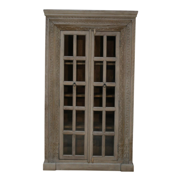 Gray wood armoire with glass doors