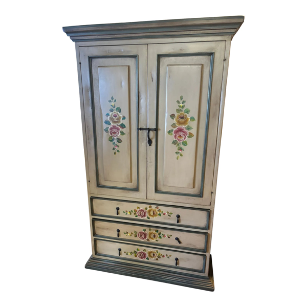 Cream and Green Armoire with Floral Design and Drawers