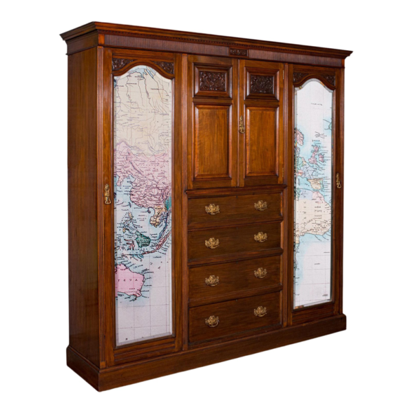 Classic Brown Wood Armoire with World Map Design