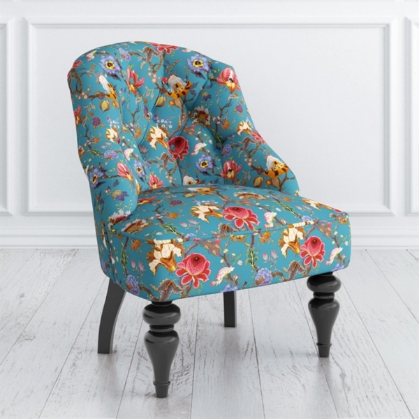 Teal floral accent chair with wood legs