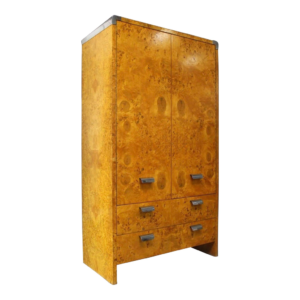 Brown wooden wardrobe with drawers and doors.