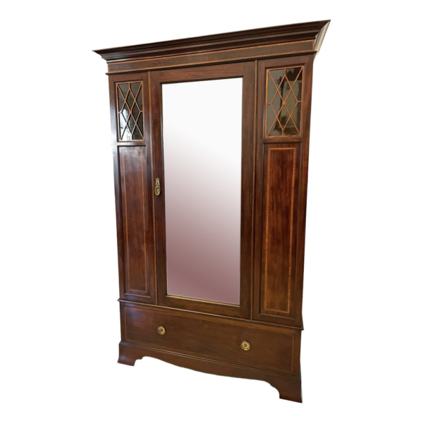 Classic wooden wardrobe with mirror and glass panels, brown finish
