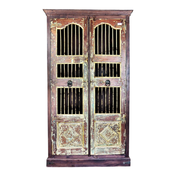 Rustic wardrobe with wooden frame and iron grille