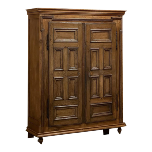 Classic brown wooden wardrobe with two doors and detailed carvings