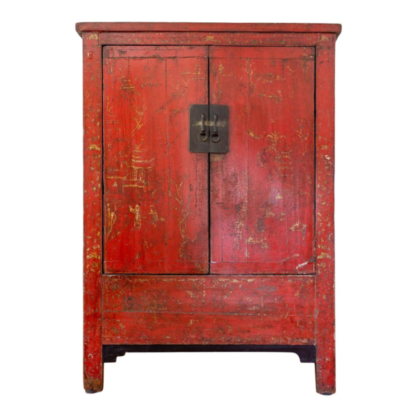 Red wooden wardrobe with double doors, antique style