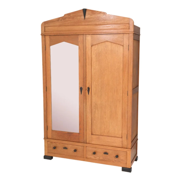 Beige wooden wardrobe with mirror and drawers