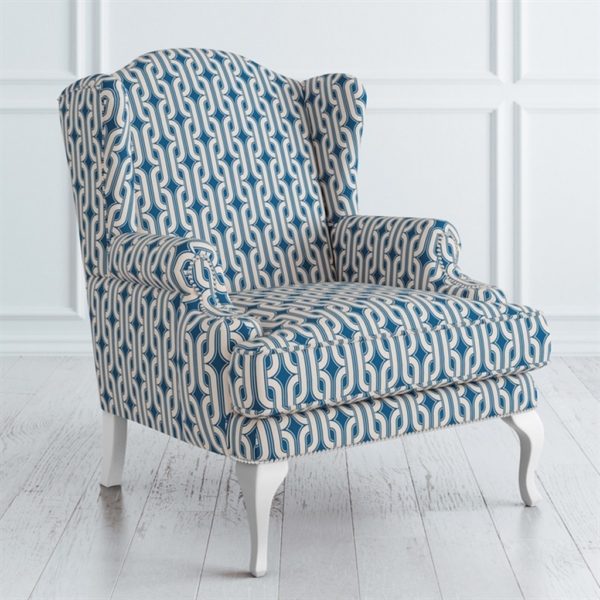 Blue and White Geometric Pattern Wingback Sofa