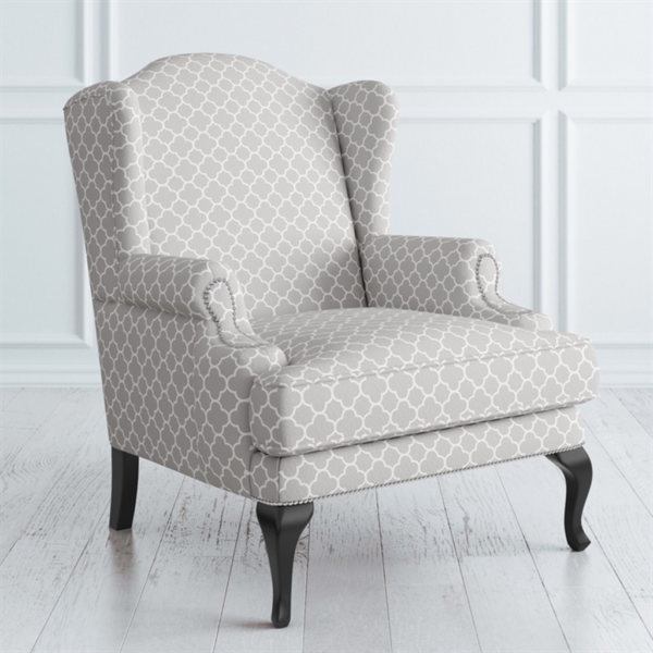 Gray and white patterned wingback sofa