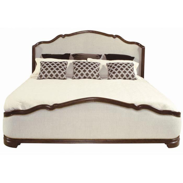 Victorian Era Bed with Wood Frame and Beige Upholstery