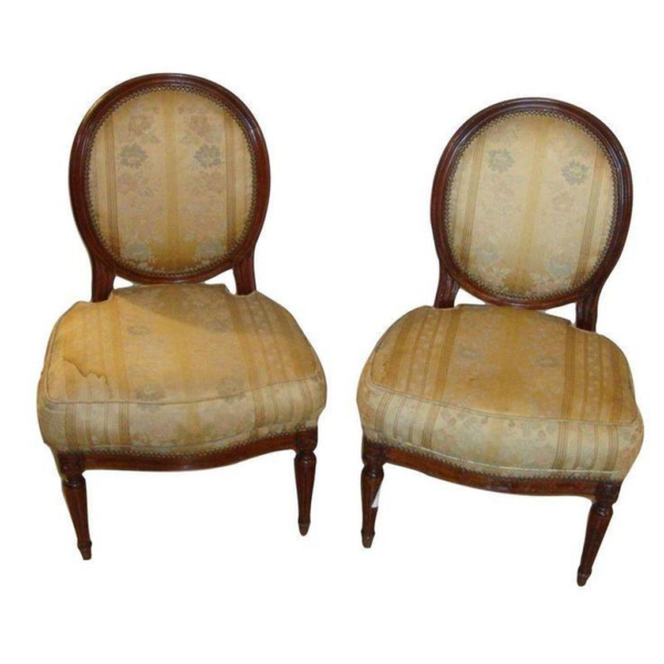 Victorian Era Dining Chair, Brown Wood, Gold Upholstery