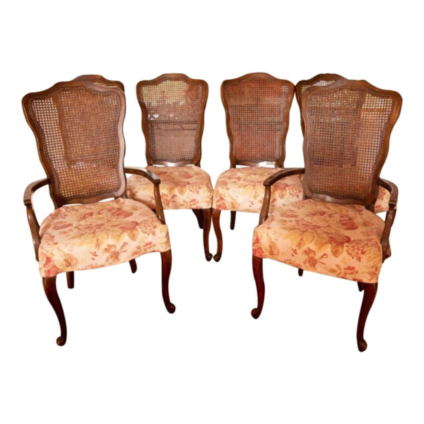 Victorian Era Dining Chair with Floral Upholstery and Rattan Back