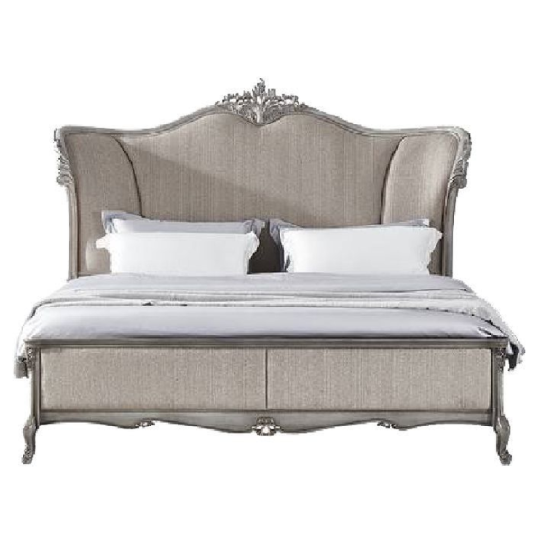Victorian Era Upholstered Bed with Carved Details, Grey Fabric, Wood Frame