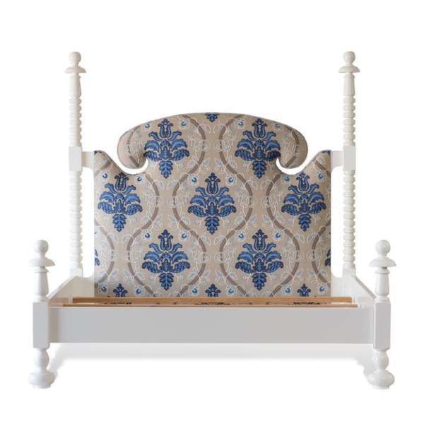 Victorian Upholstered Bed with White Wood Frame and Blue Beige Pattern