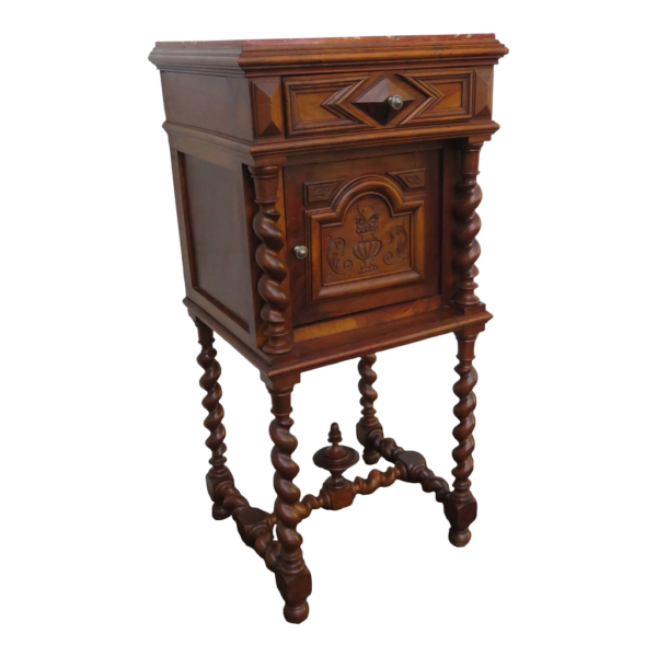 Victorian style wood bedside table with drawers