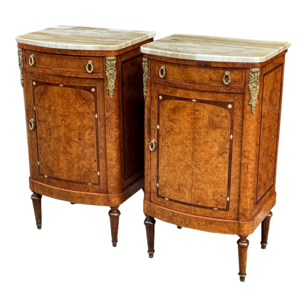 Victorian style wood bedside table with marble top