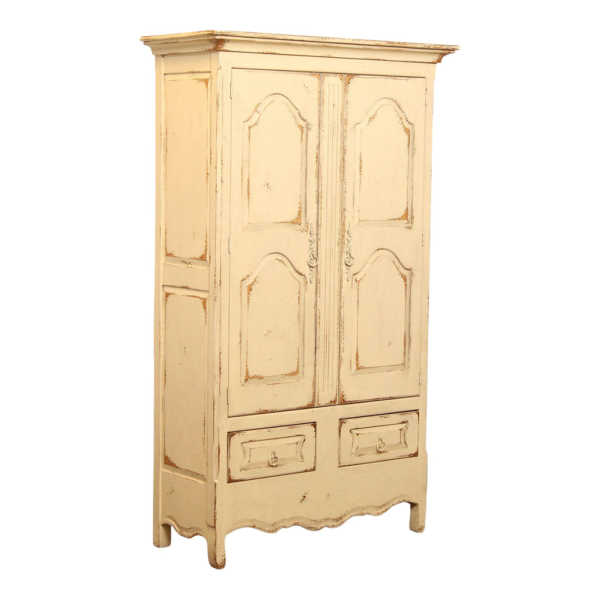 Vintage cream wood armoire with two doors and two drawers.