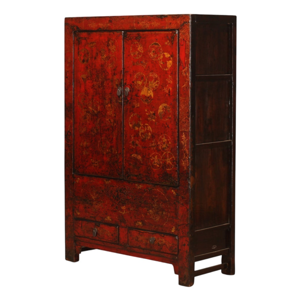 Vintage Red Lacquered Wooden Armoire with Drawers