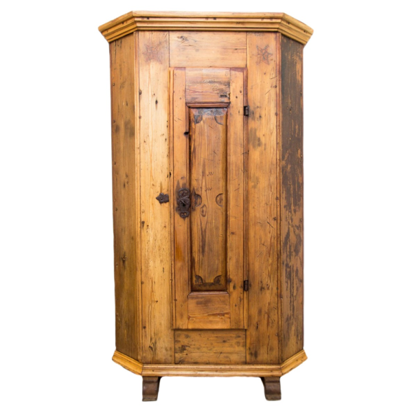 Vintage wooden armoire with iron hardware, antique brown finish