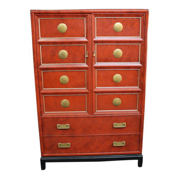 Vintage red and gold armoire with brass accents
