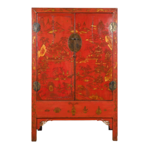 Vintage Asian Armoire with Red and Gold Landscape