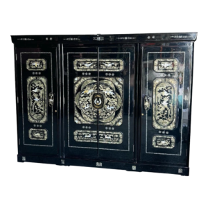 Vintage Asian Lacquered Armoire with Intricate Inlay Design
